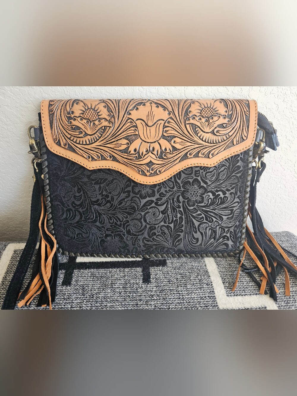 American Darling Black and Tan Tooled Floral Crossbody Bag